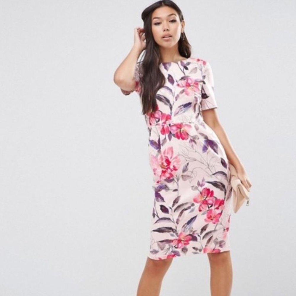 ASOS Wiggle Midi Dress in Watercolor Floral Print